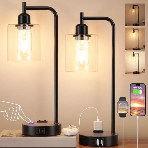 Industrial Touch Table Lamps Bundle – Set of 2, 3-Way Dimmable with USB