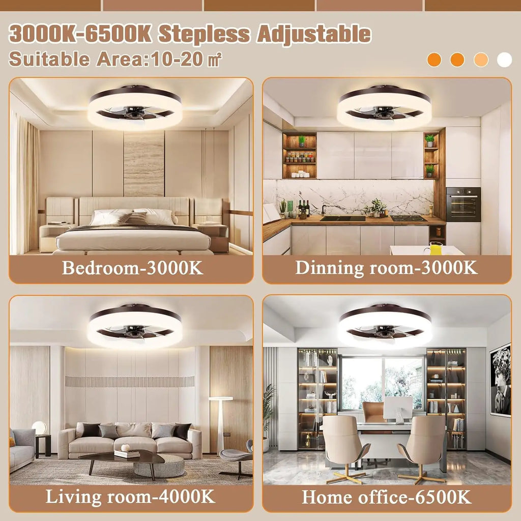 Brown Flush Mount Bladeless Fan Light With Dimmable LED