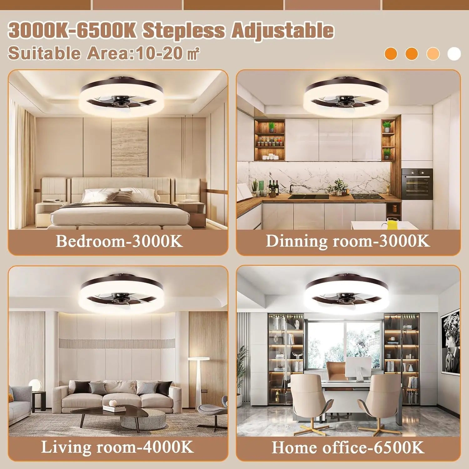 Brown Flush Mount Bladeless Fan Light With Dimmable LED