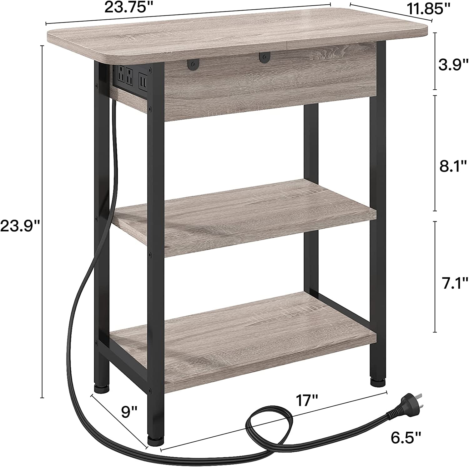 End Table With Vertical Charging Station And USB Outlets Greige