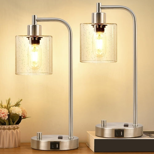 Set Of 2 Industrial Table Lamps With Glass Shade And Stepless Dimming