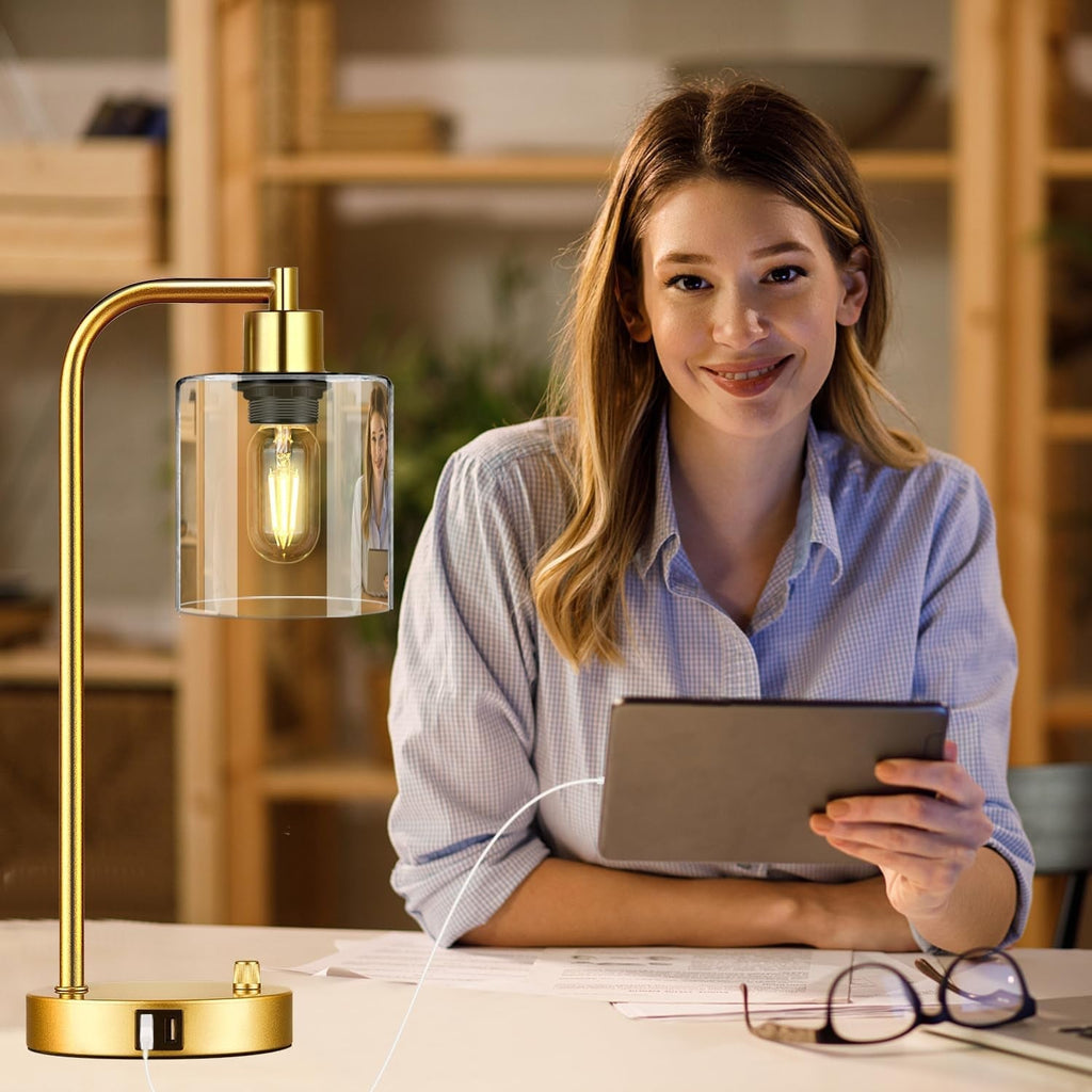 Set of 2 Gold Industrial Table Lamps – Dimmable With Dual USB Ports