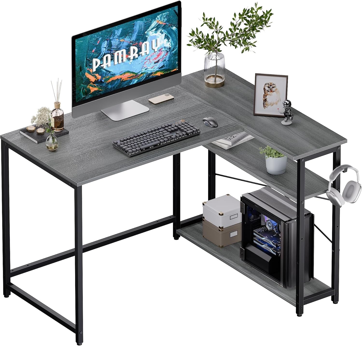 43 Inch L Shaped Desk With Reversible Shelves Espresso Gray