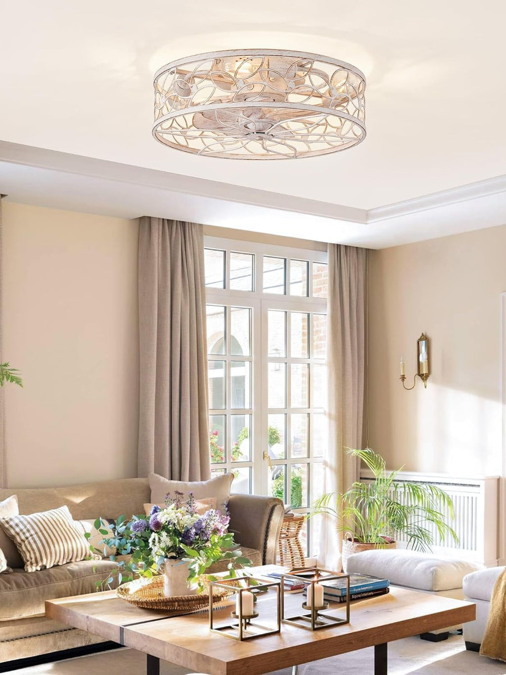 White And Gold Caged Ceiling Fan With Remote Light Fixture