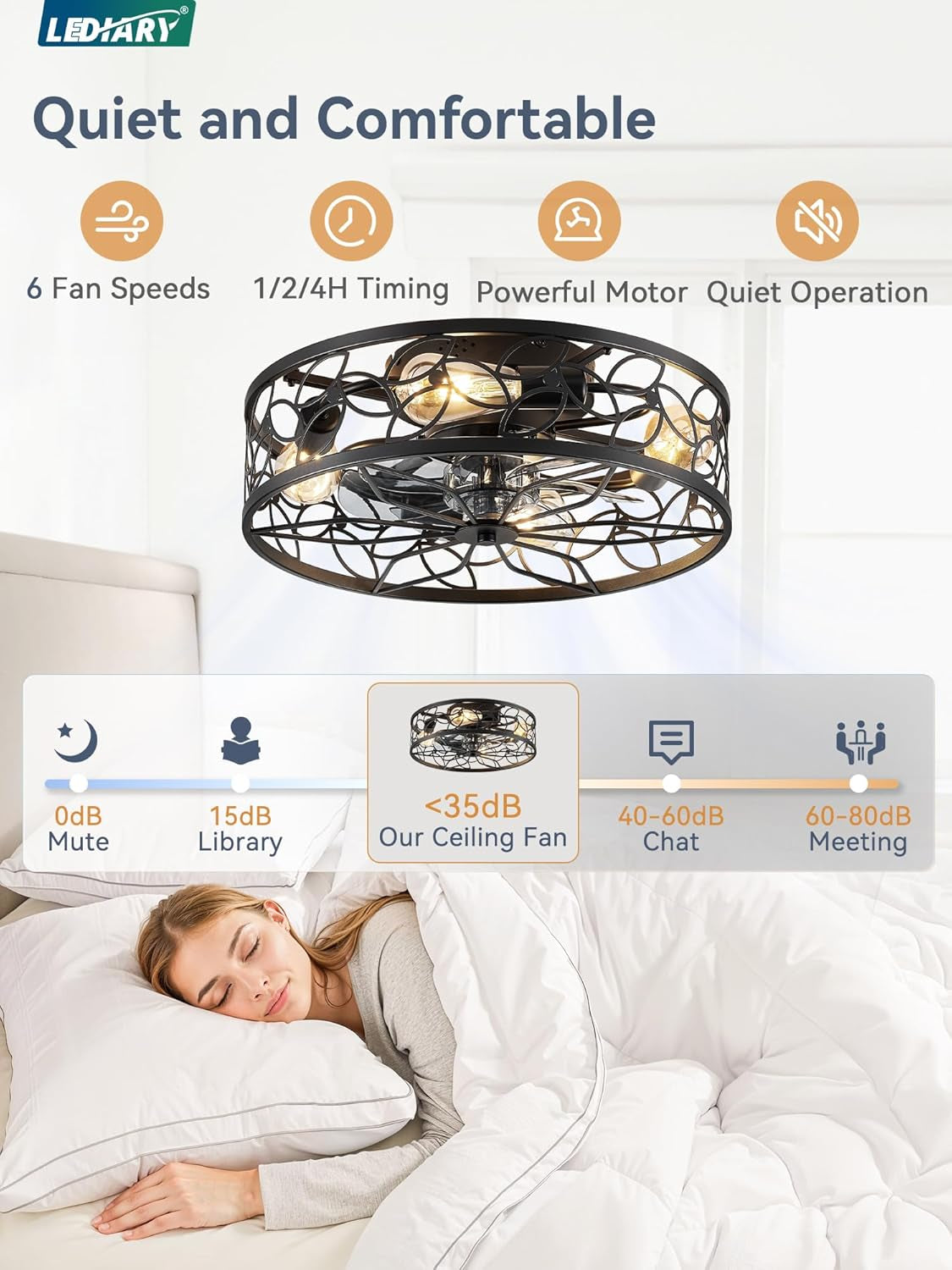 Black Caged Ceiling Fan With Lights Low Profile Flush Mount Remote