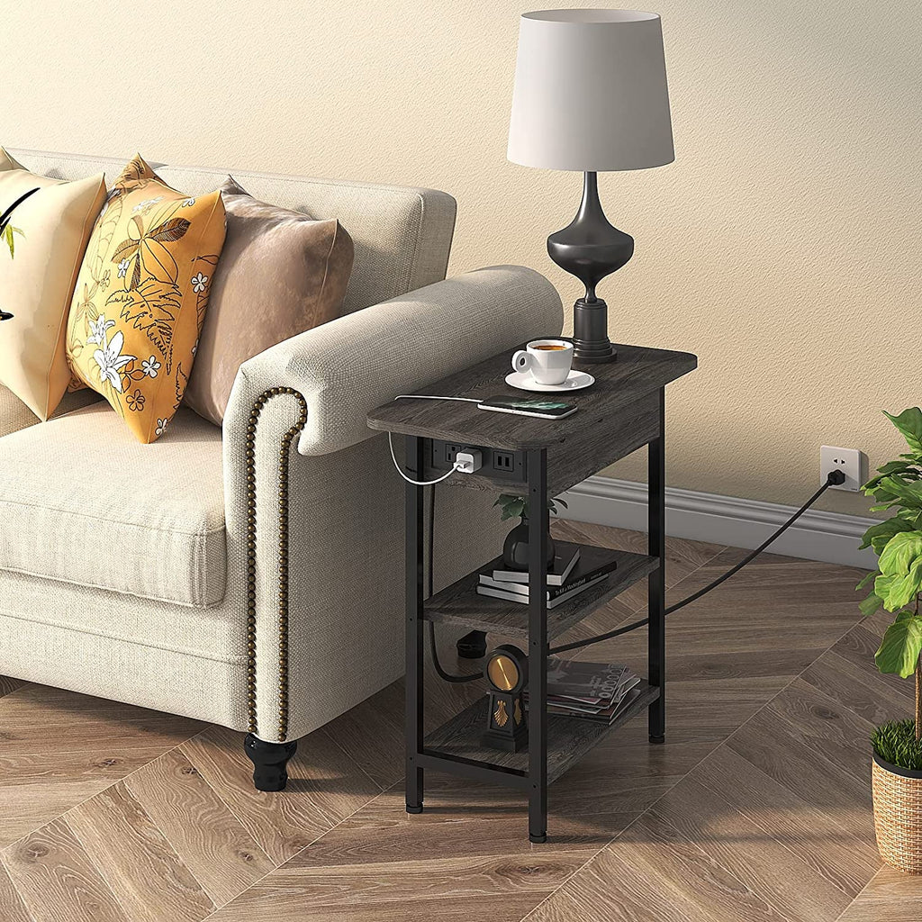 End Table With Charging Station And Flip Top Dark Grey For Small