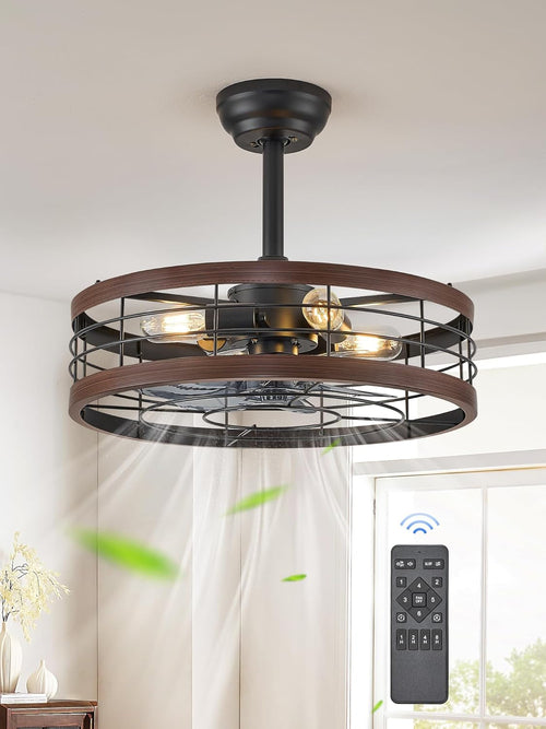 20 Inch Walnut Caged Fandelier Ceiling Fan With Light And Remote