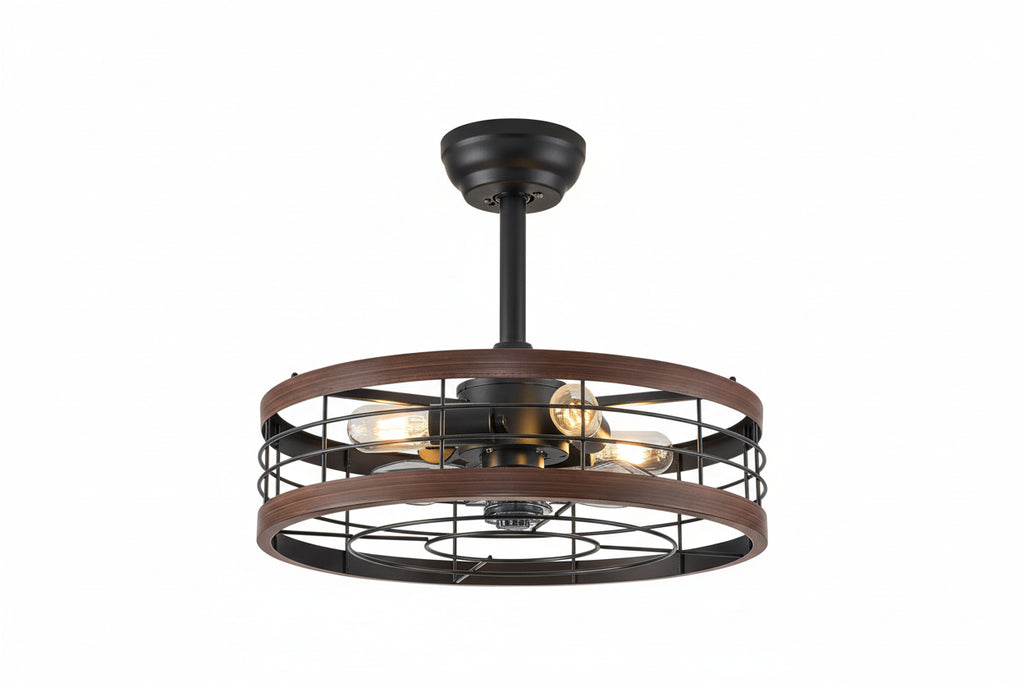 20 Inch Walnut Caged Fandelier Ceiling Fan With Light And Remote