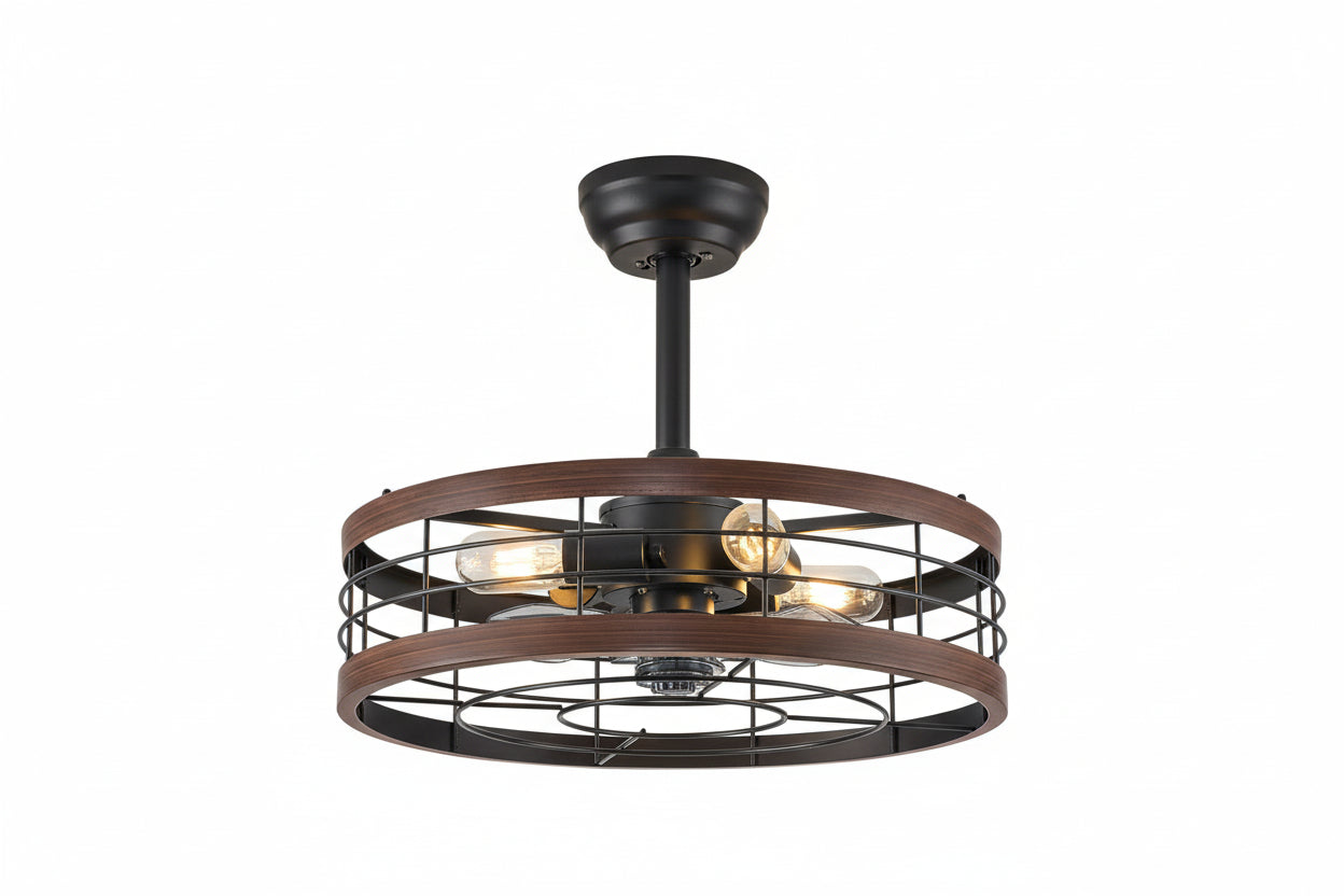 20 Inch Walnut Caged Fandelier Ceiling Fan With Light And Remote