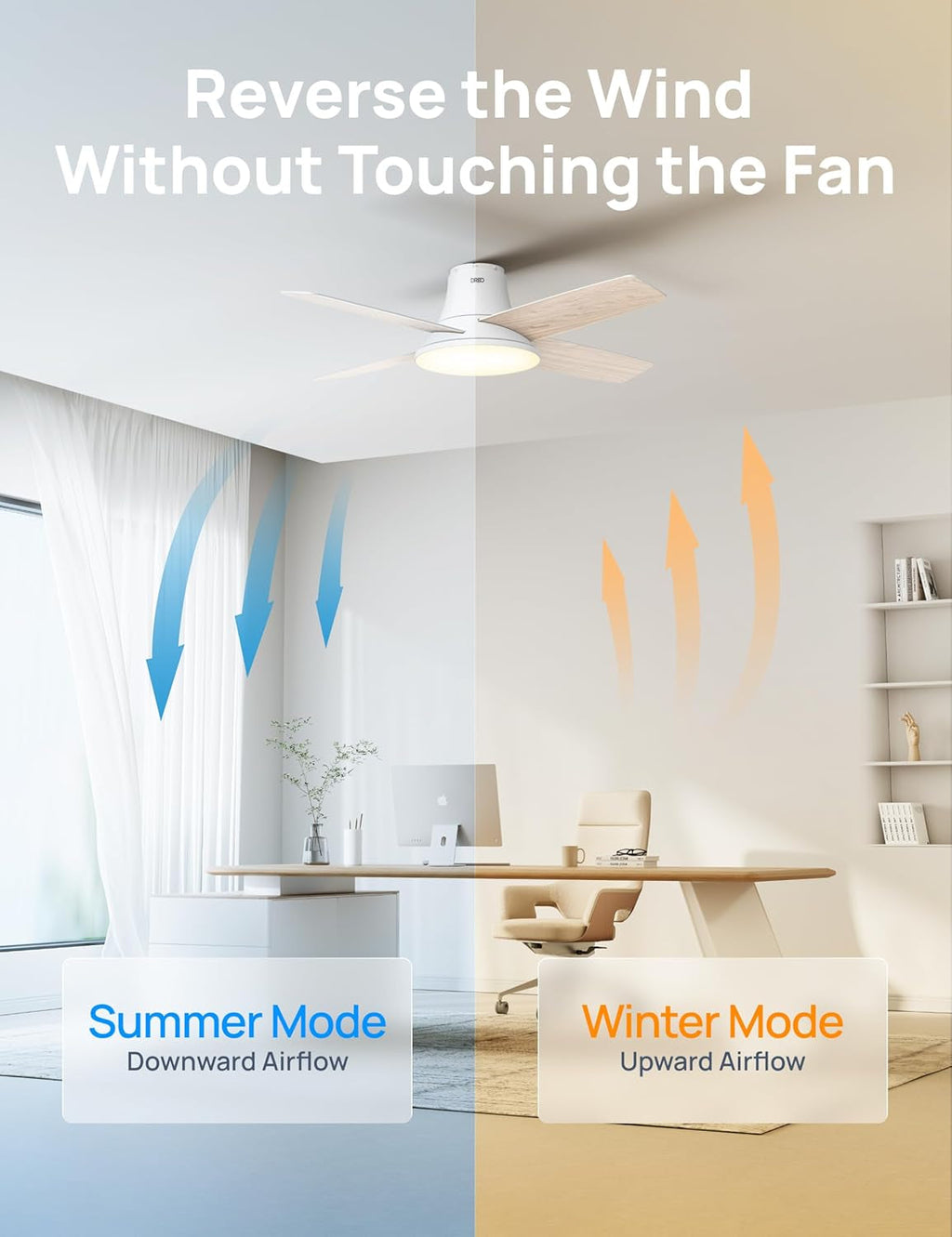 Ceiling fan with summer and winter mode illustrations in a room setting.