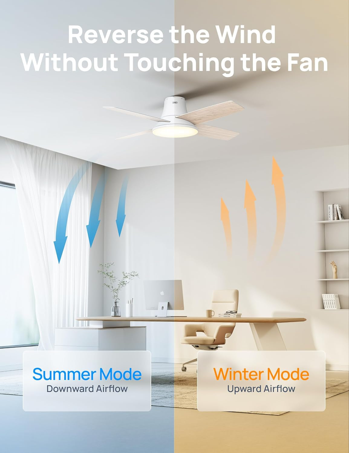 Ceiling fan with summer and winter mode illustrations in a room setting.