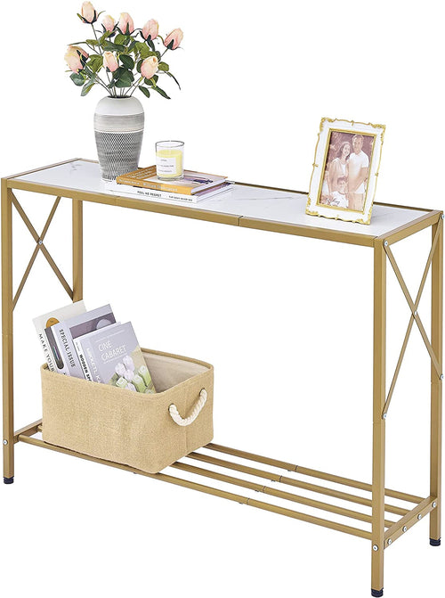 Gold And White Narrow Console Table With Shelves 41 Inch Long