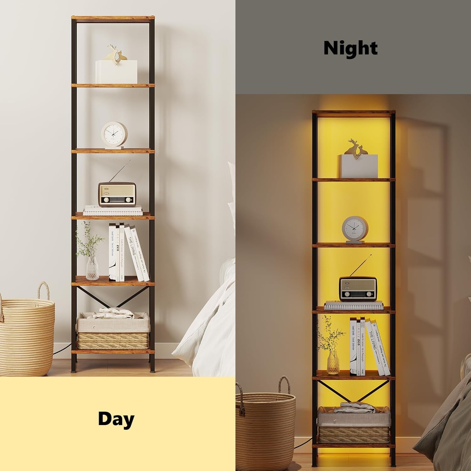 6-Tier Bookshelf With LED Lights — Rustic Brown