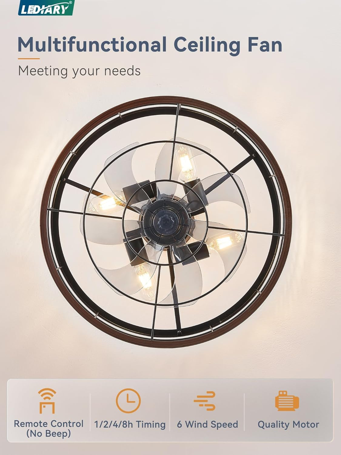 20 Inch Walnut Caged Fandelier Ceiling Fan With Light And Remote