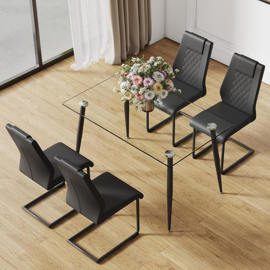 51 Inch Glass Dining Table For 4 With Tempered Glass Top