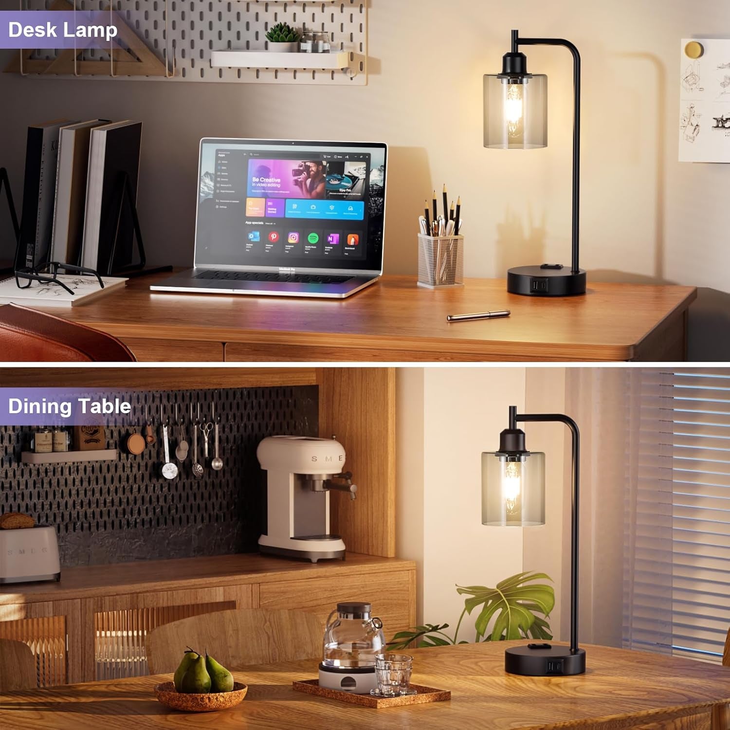 Desk lamp on a desk with a laptop and office supplies, and another on a dining table with a coffee maker and fruit.
