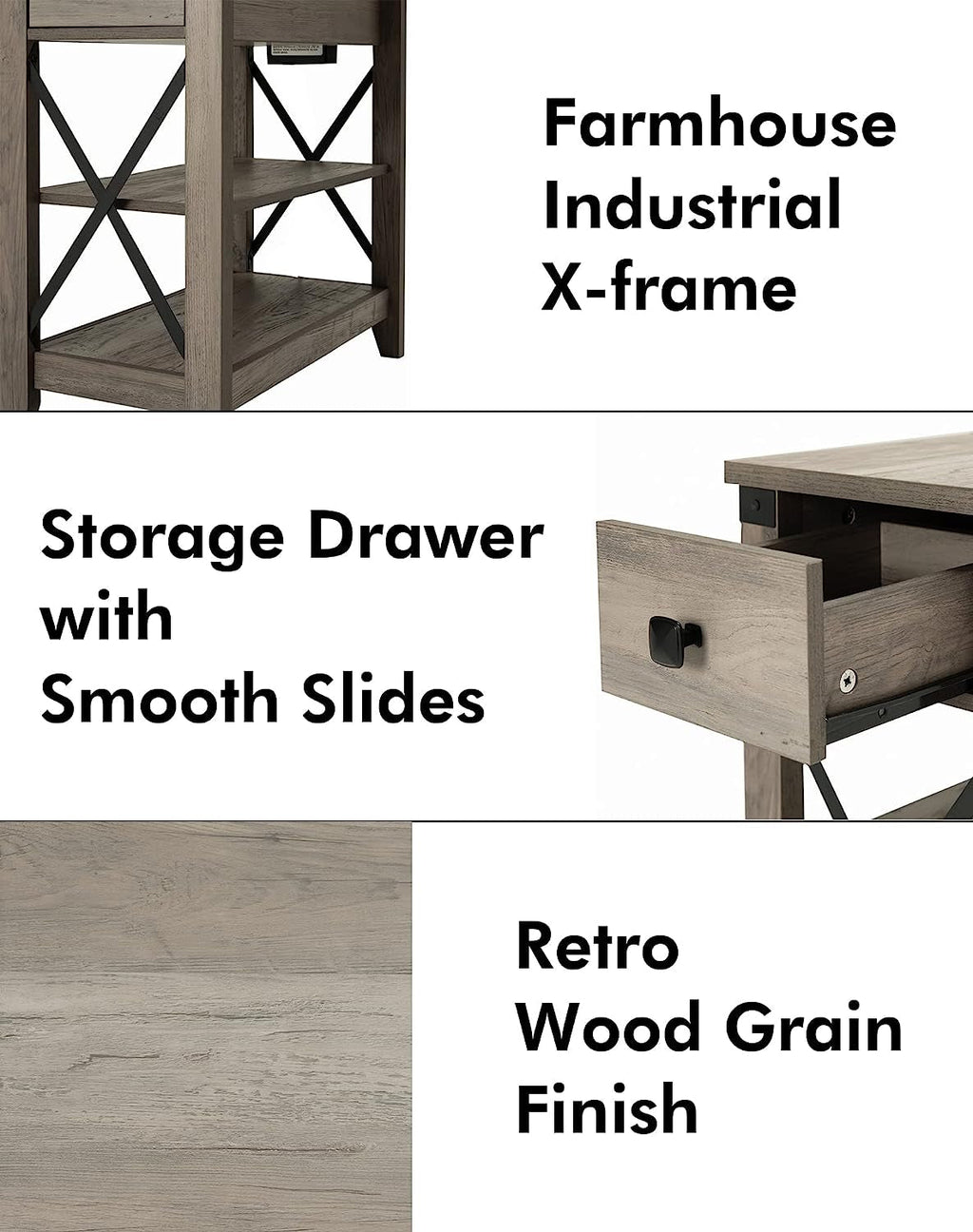 Farmhouse Slim End Table With USB Charging Station