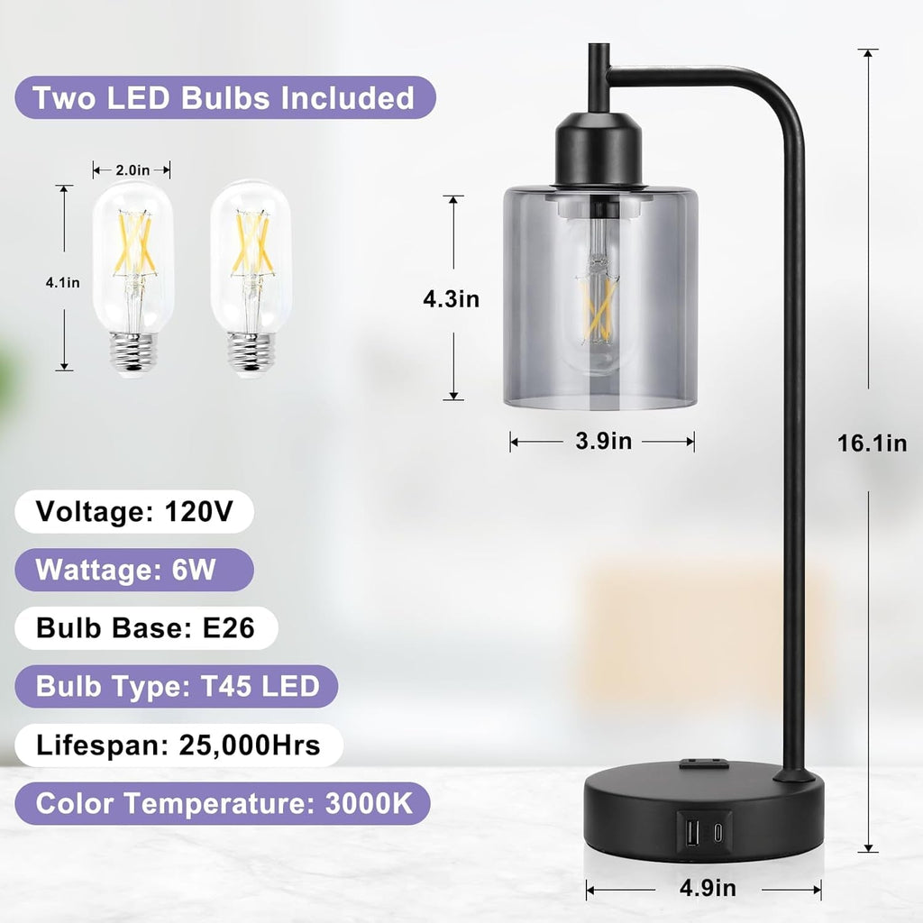 Desk lamp with LED bulbs included, showing dimensions and specifications on a white background.