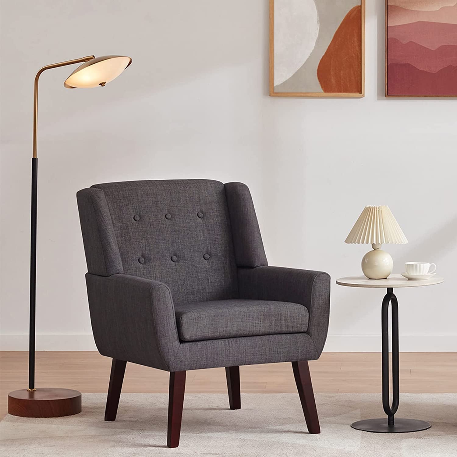 Grey Button Tufted Fabric Living Room Accent Chair