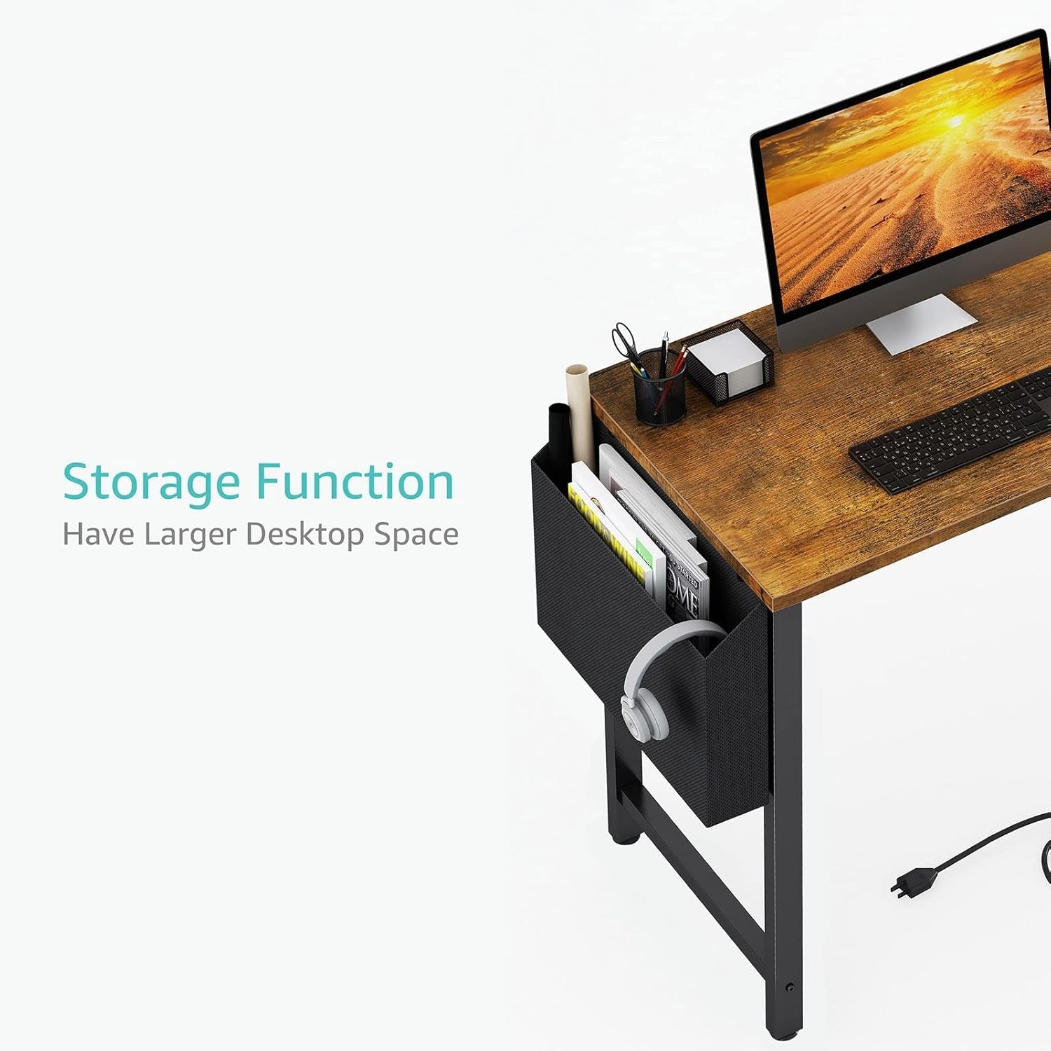 40 Inch L Shaped Desk With Power Outlet And Shelves Rustic Brown