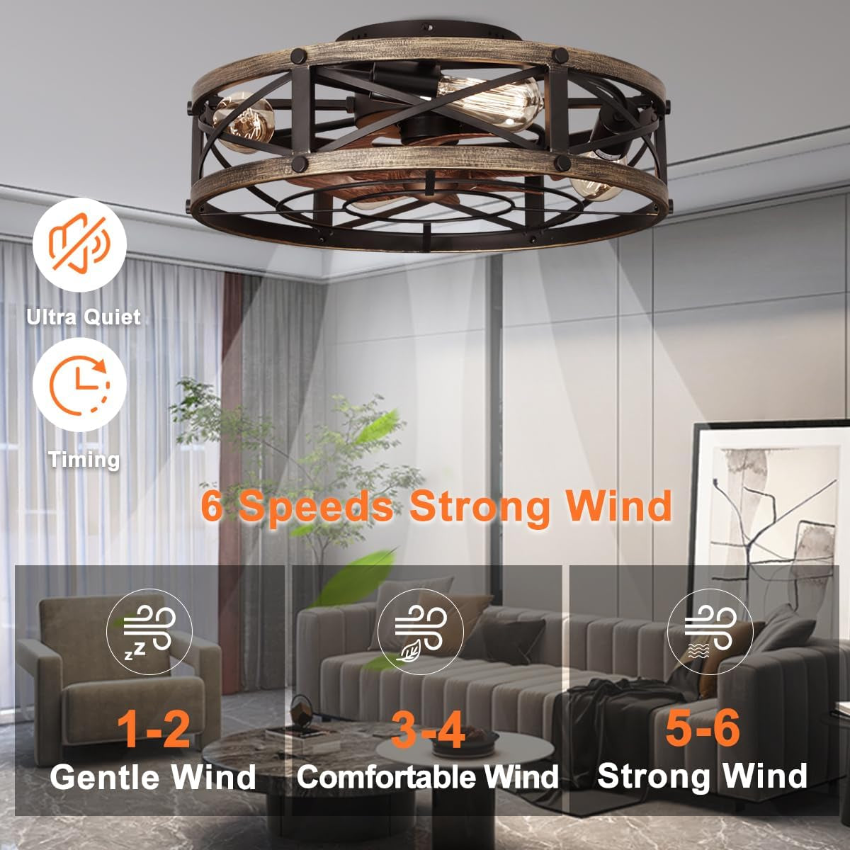 Rustic Bladeless Ceiling Fan With Light And Remote 6 Speeds