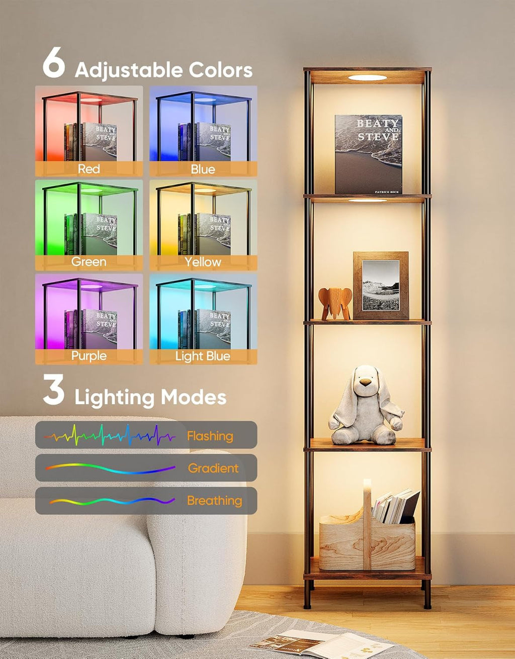 5-Tier Display Shelf Floor Lamp With RGBW Lights — Brown