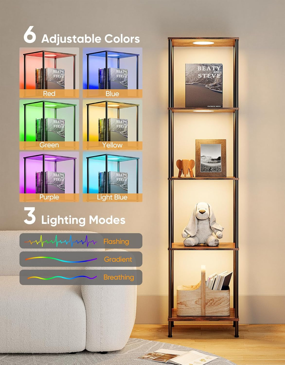 5-Tier Display Shelf Floor Lamp With RGBW Lights — Brown