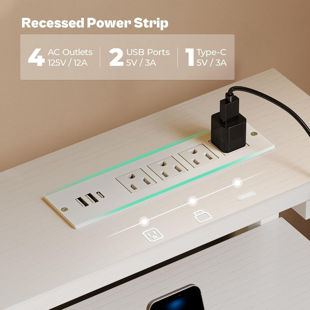 White 47 Inch LED Gaming Desk With 6 Drawers USB Type C