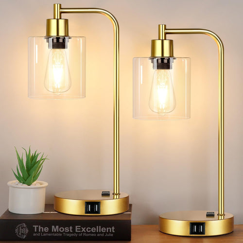 Gold Industrial Touch Table Lamps 2 Pack With USB Ports
