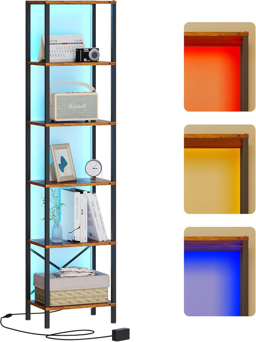6-Tier Bookshelf With LED Lights — Rustic Brown