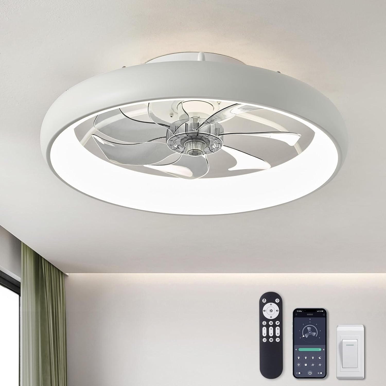 20 Inch Flush Mount Ceiling Fan With Lights Remote White Dimmable LED
