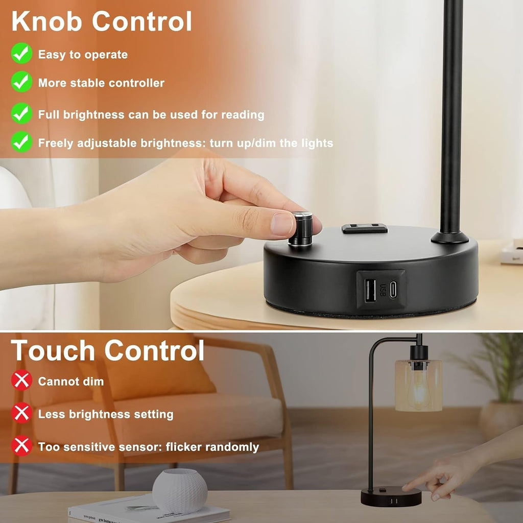 Industrial Black Dimmable Bedside Lamps With USB Ports