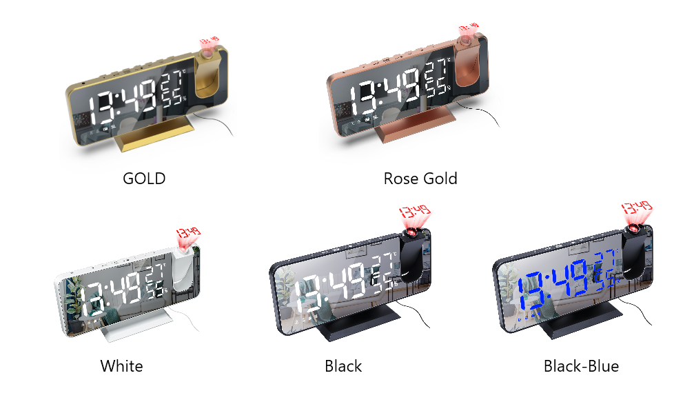 FM Radio LED Projector Alarm Clock with Temperature & Humidity Display