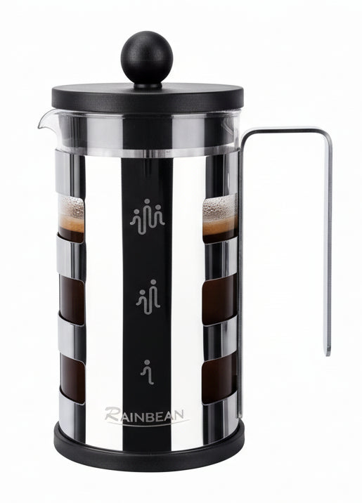 French press coffee maker with accessories on a white background