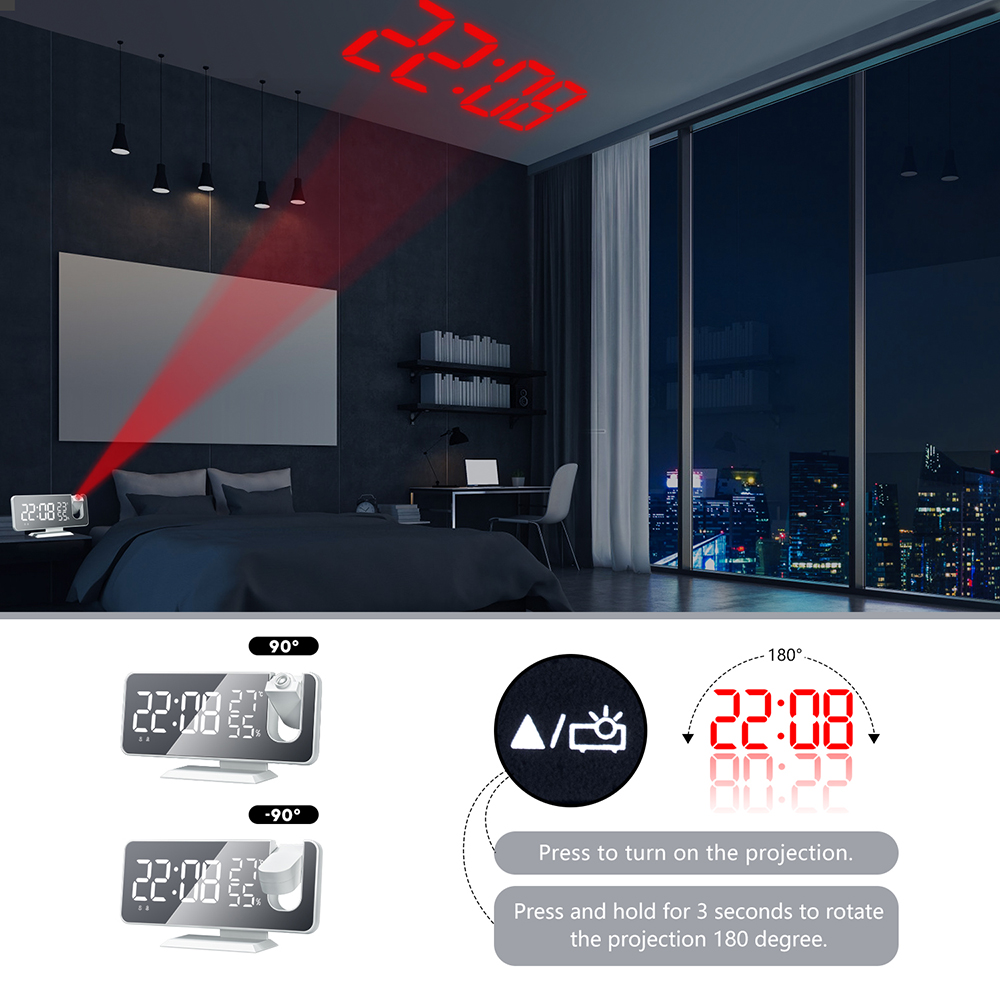 FM Radio LED Projector Alarm Clock with Temperature & Humidity Display