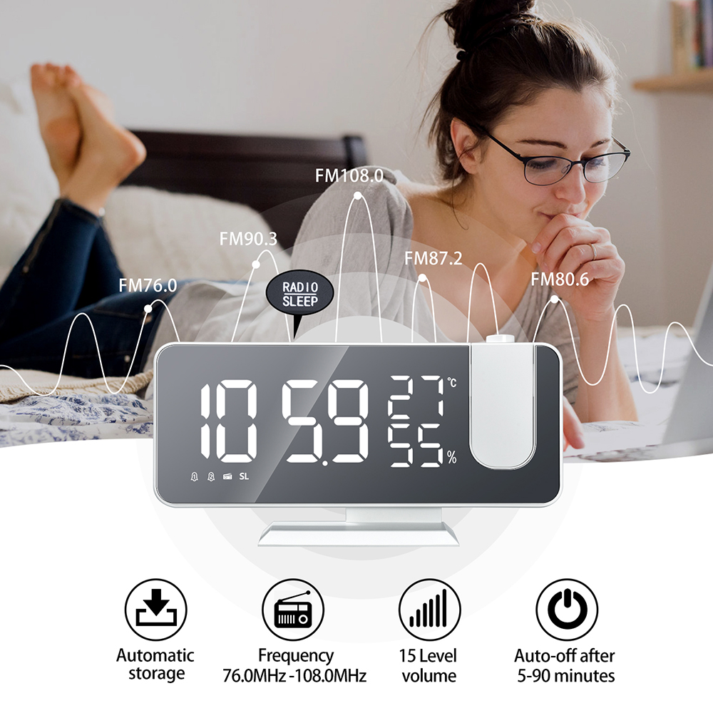 FM Radio LED Projector Alarm Clock with Temperature & Humidity Display