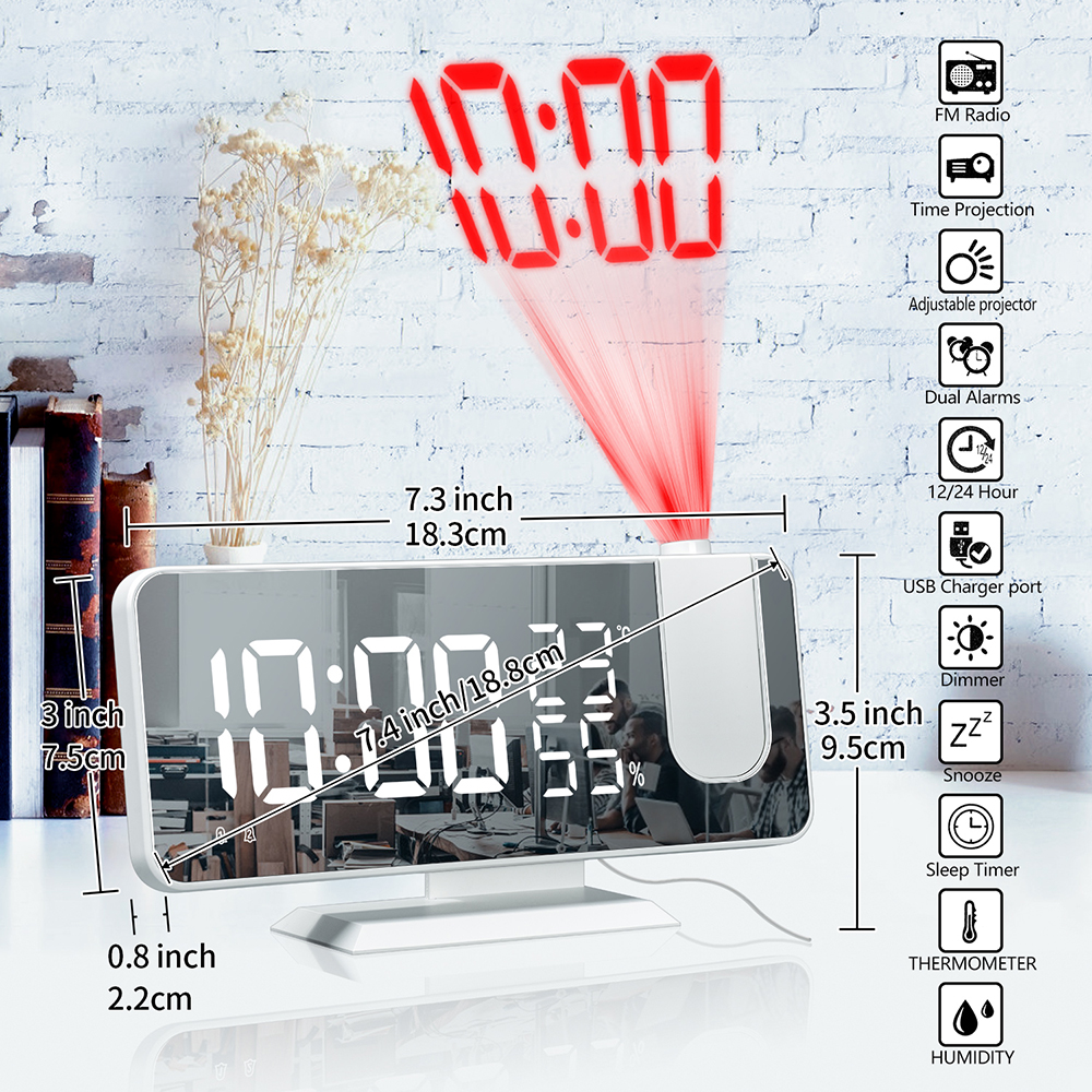 FM Radio LED Projector Alarm Clock with Temperature & Humidity Display