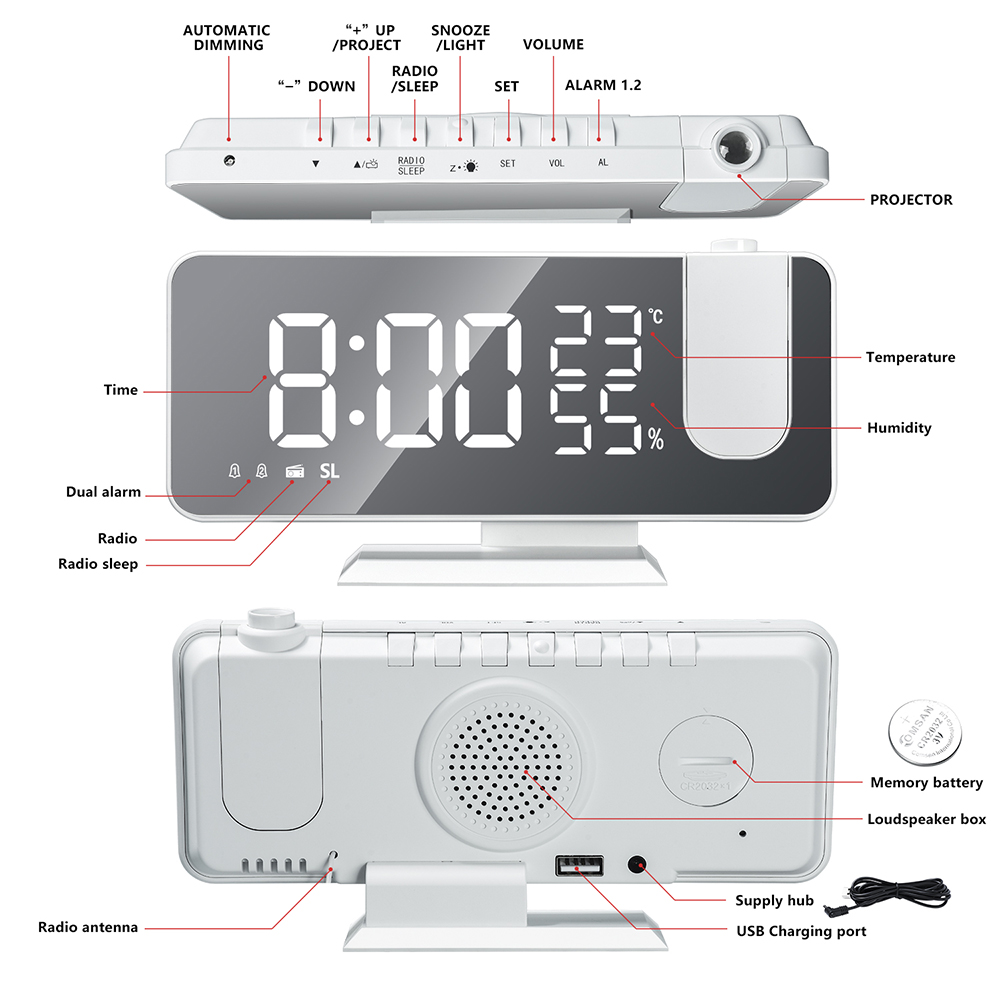FM Radio LED Projector Alarm Clock with Temperature & Humidity Display