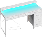 White 47 Inch LED Gaming Desk With 6 Drawers USB Type C