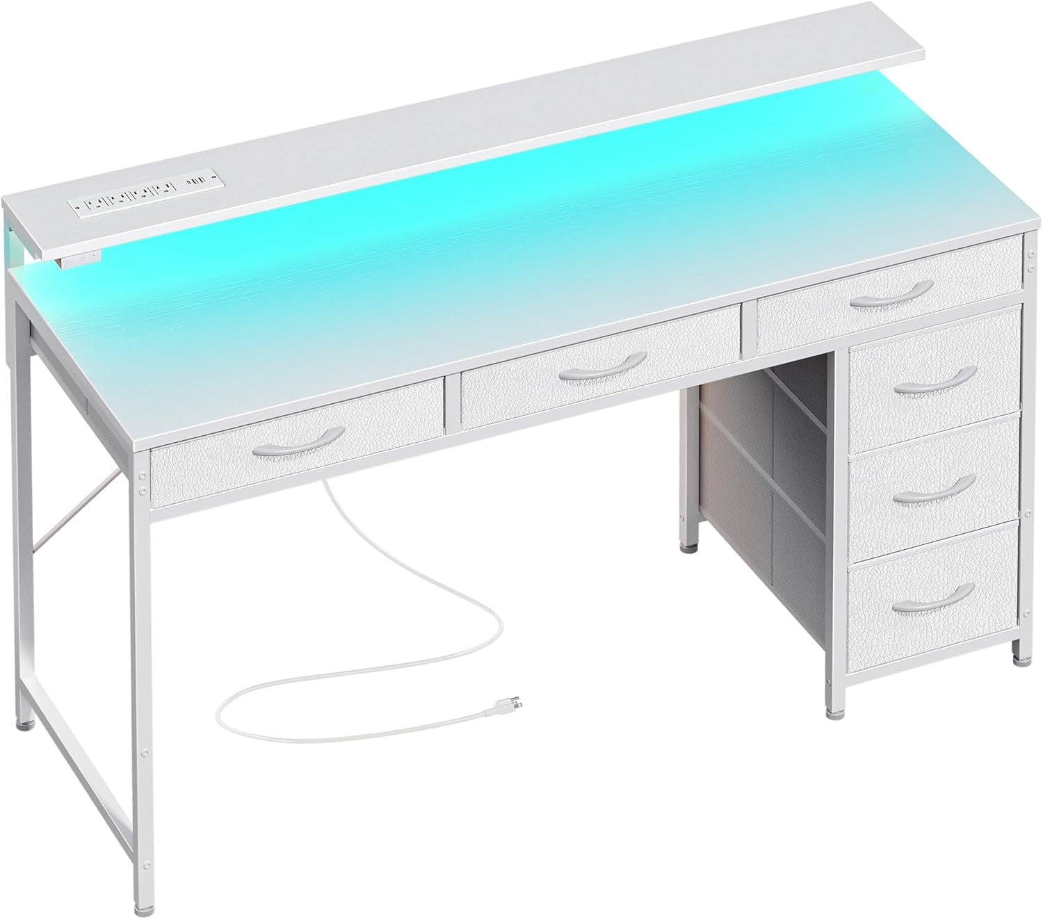 White 47 Inch LED Gaming Desk With 6 Drawers USB Type C