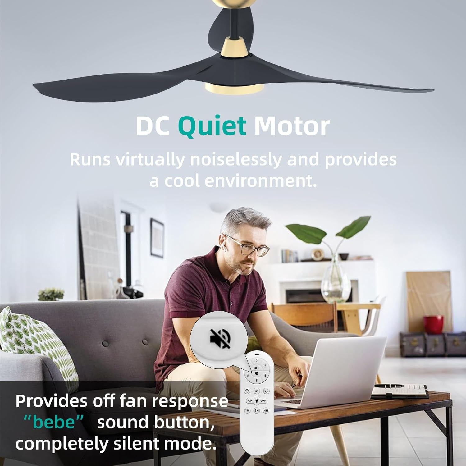 52 Inch Black Gold Indoor Ceiling Fan With LED Light