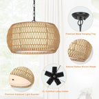 Rattan Farmhouse 5 Light Chandelier With Fabric Shade