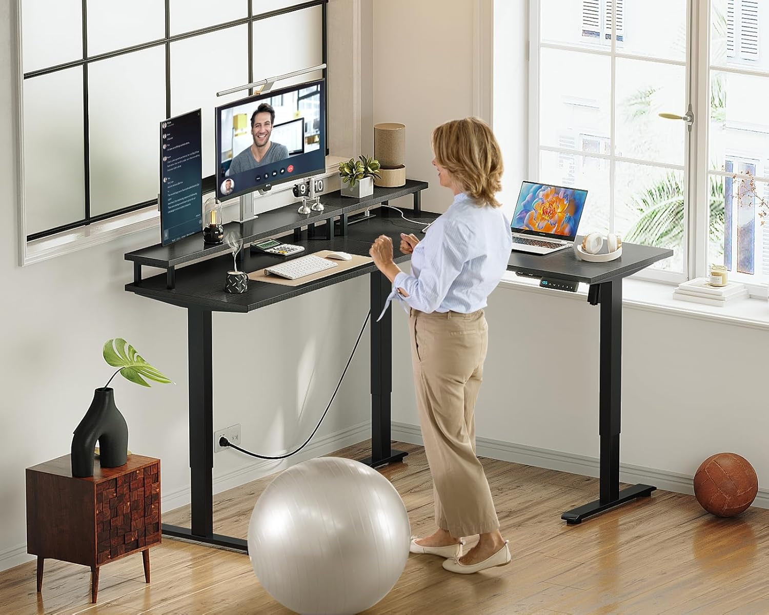 Electric L Shaped Standing Desk 59 Inch With Power Outlets