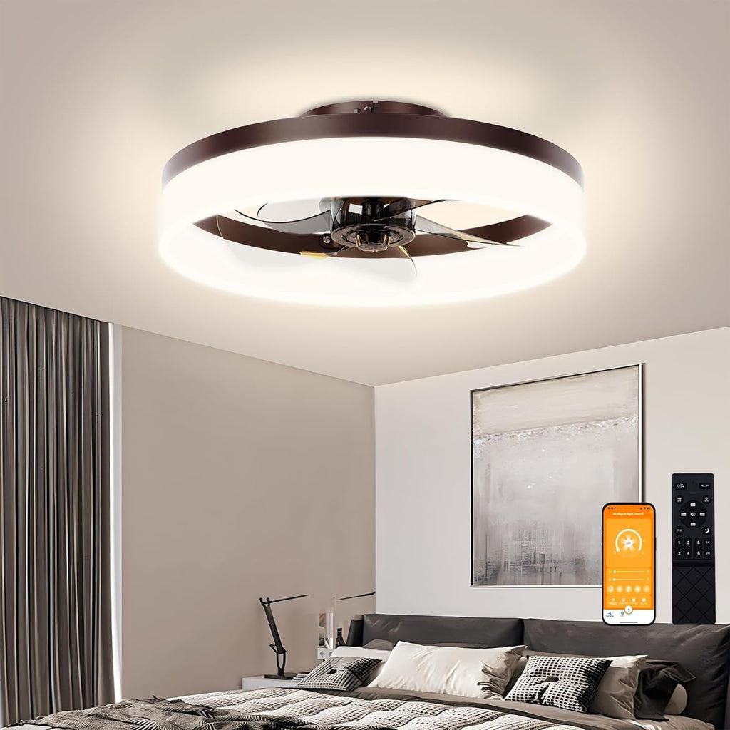 Brown Flush Mount Bladeless Fan Light With Dimmable LED