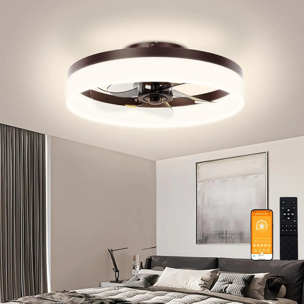 Brown Flush Mount Bladeless Fan Light With Dimmable LED