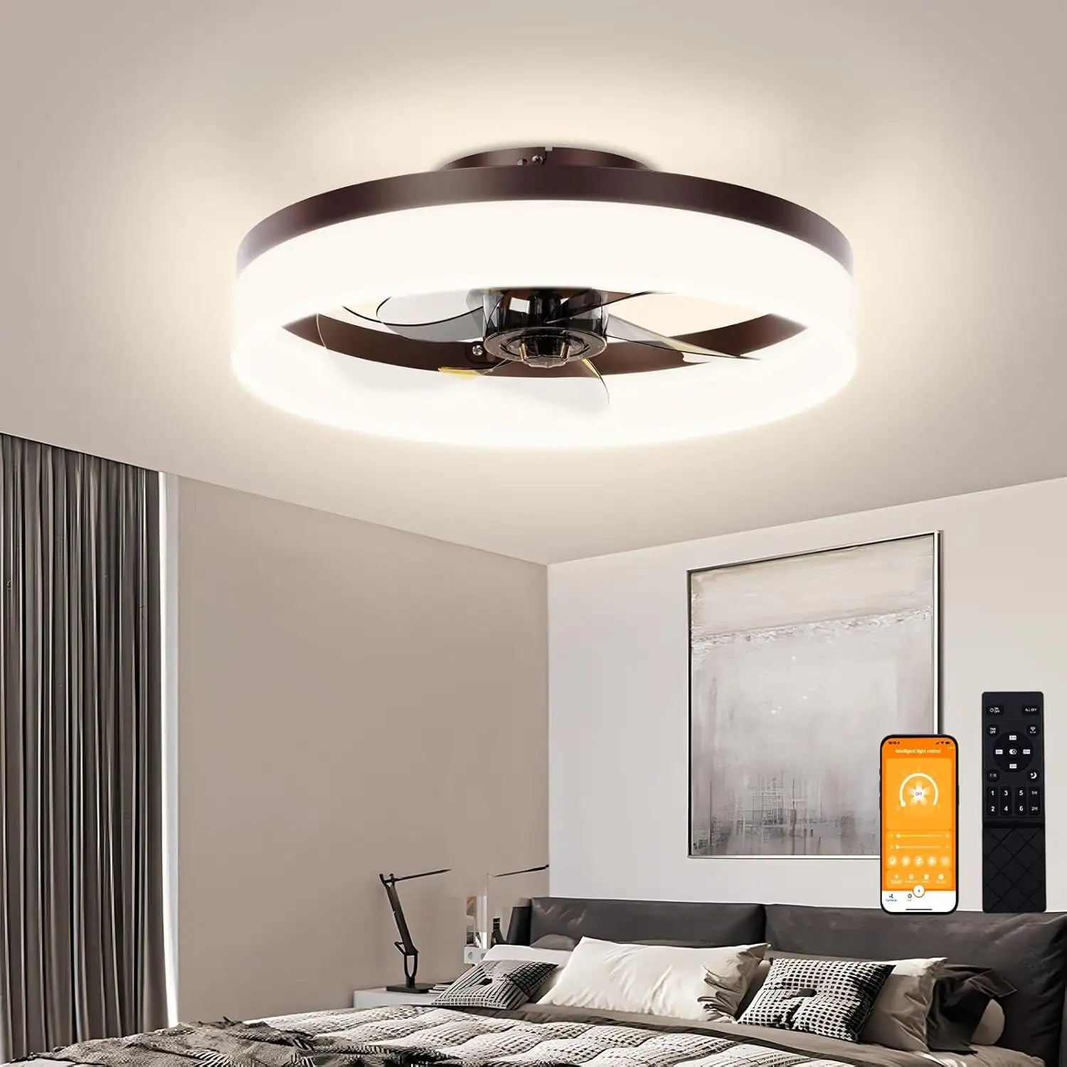Brown Flush Mount Bladeless Fan Light With Dimmable LED