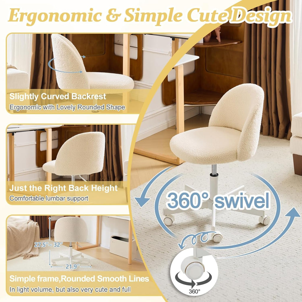 Armless Teddy Fleece Office Chair With Wheels – Creamy Beige
