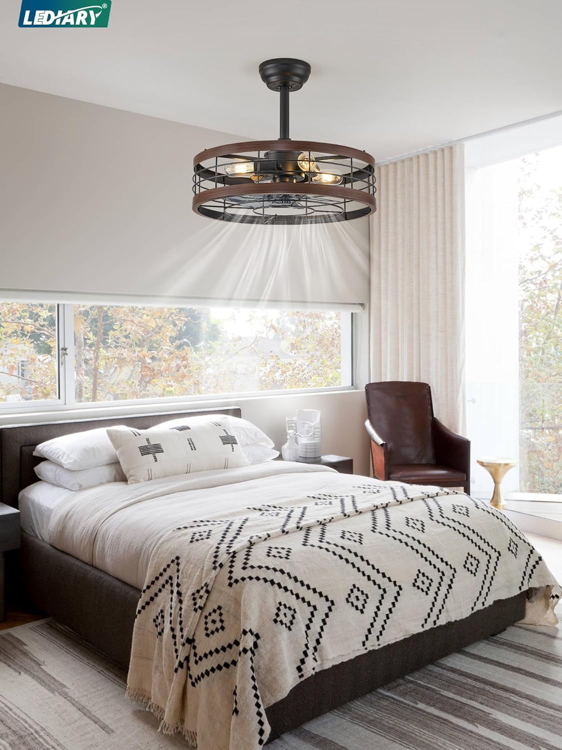 20 Inch Walnut Caged Fandelier Ceiling Fan With Light And Remote