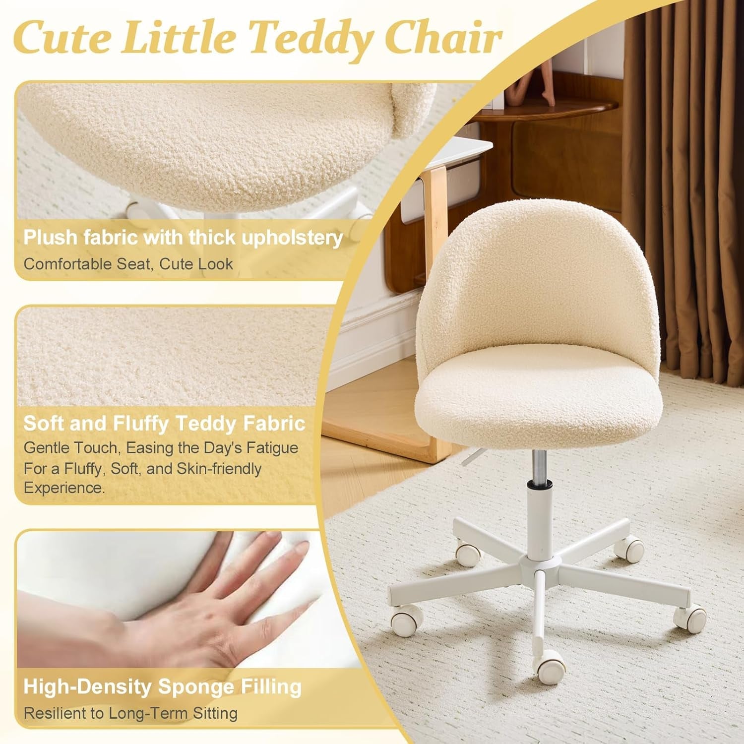 Armless Teddy Fleece Office Chair With Wheels – Creamy Beige
