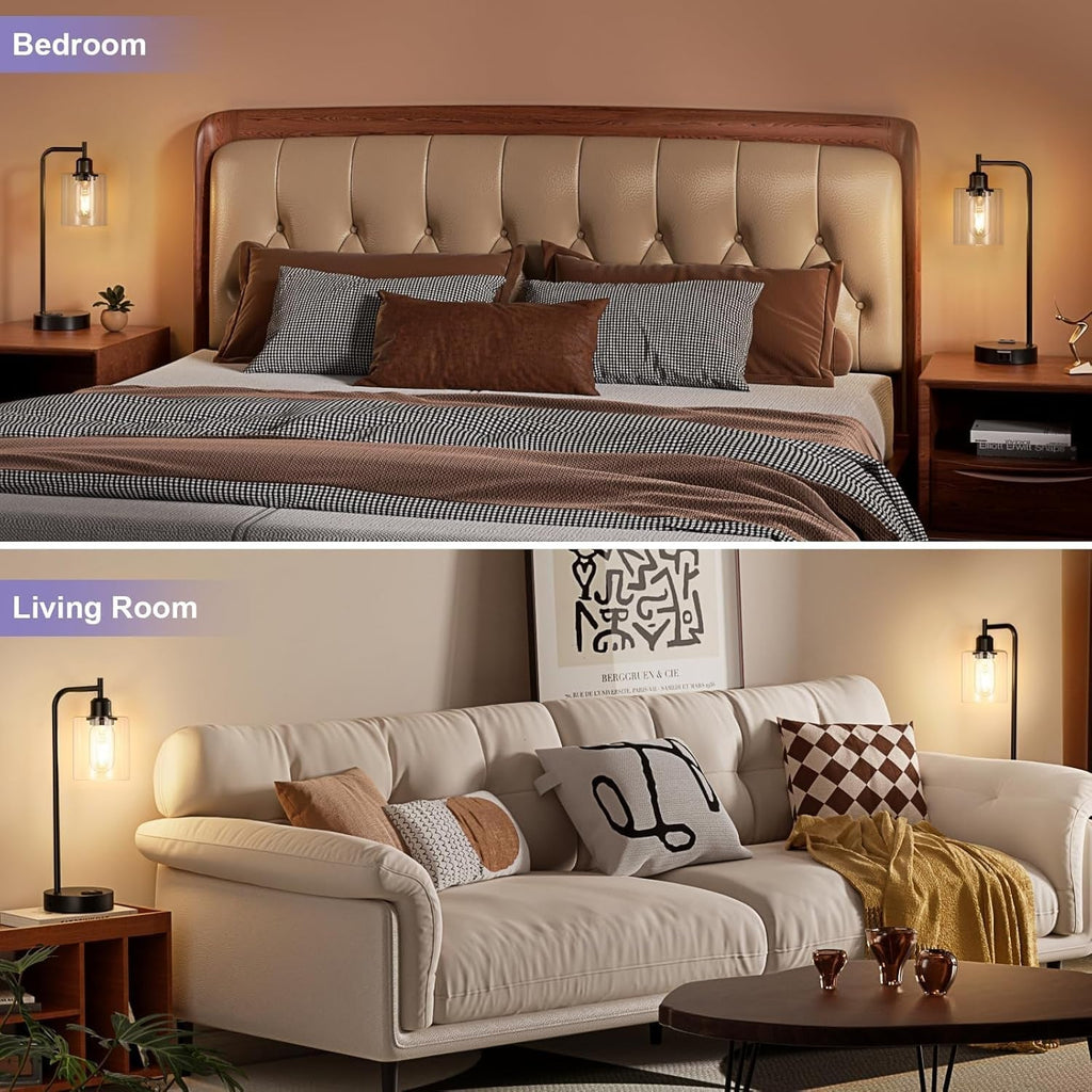 Industrial Touch Table Lamps Bundle – Set of 2, 3-Way Dimmable with USB